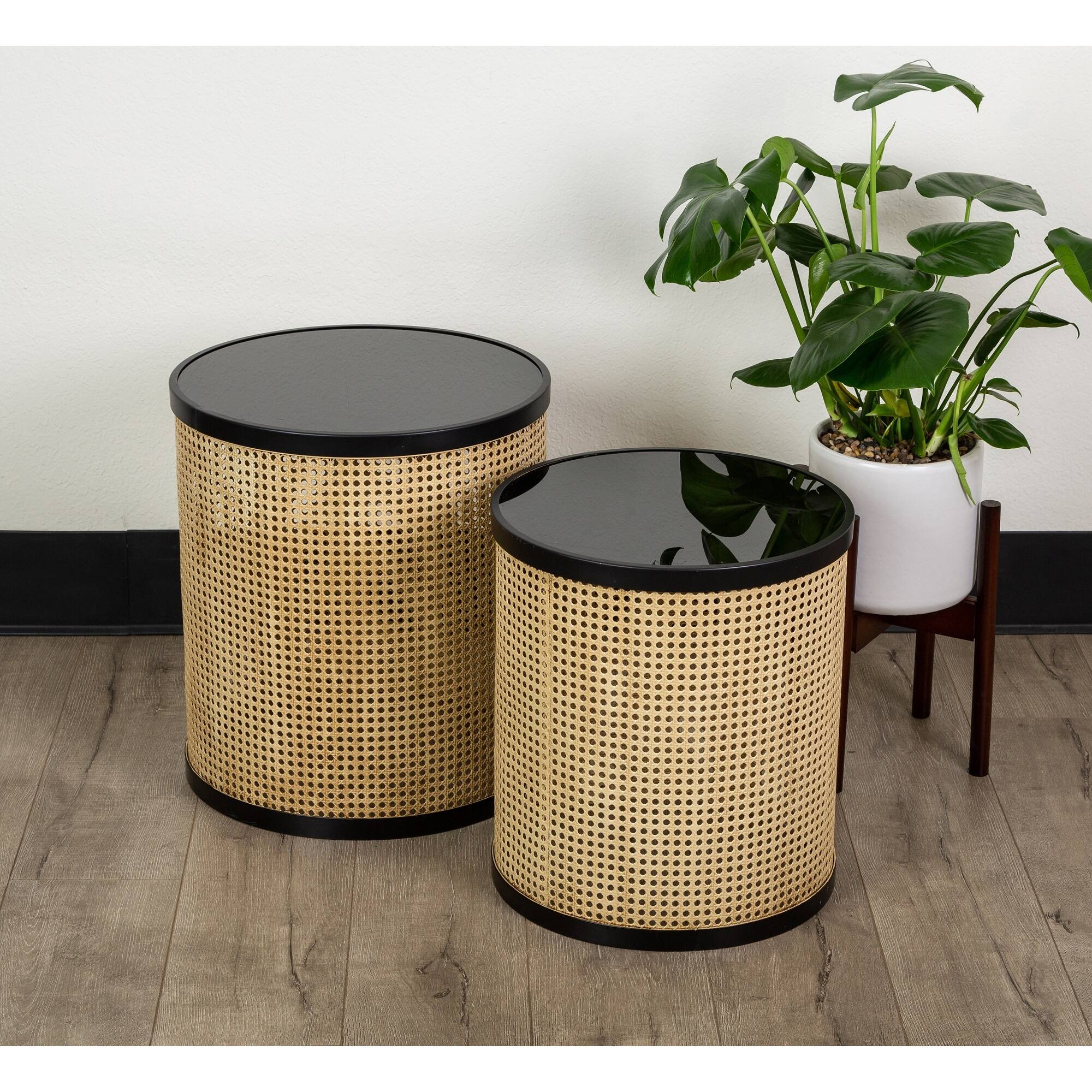 HomeView Design 20" and 18" H Round Black Glass/Iron/MDF Mirror Inlay